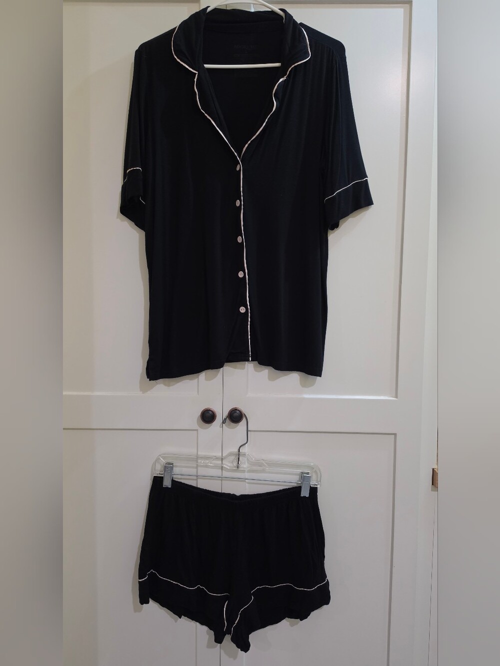 Adore Me Black Short-Sleeve Button Pajama Set with White Piping